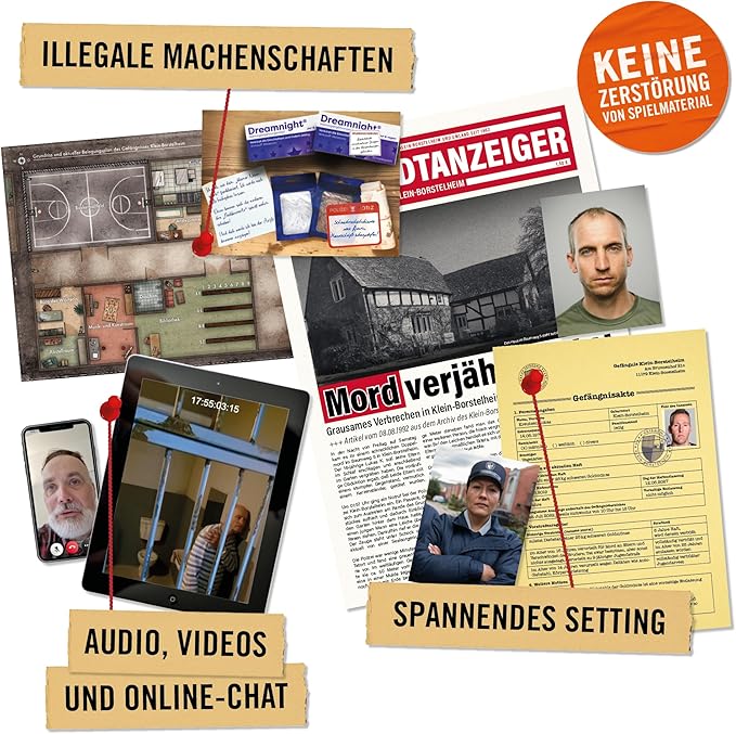 Spielmaterial eines Krimispiels mit Zeitungsartikeln, Akten, Tablet und Hinweisen