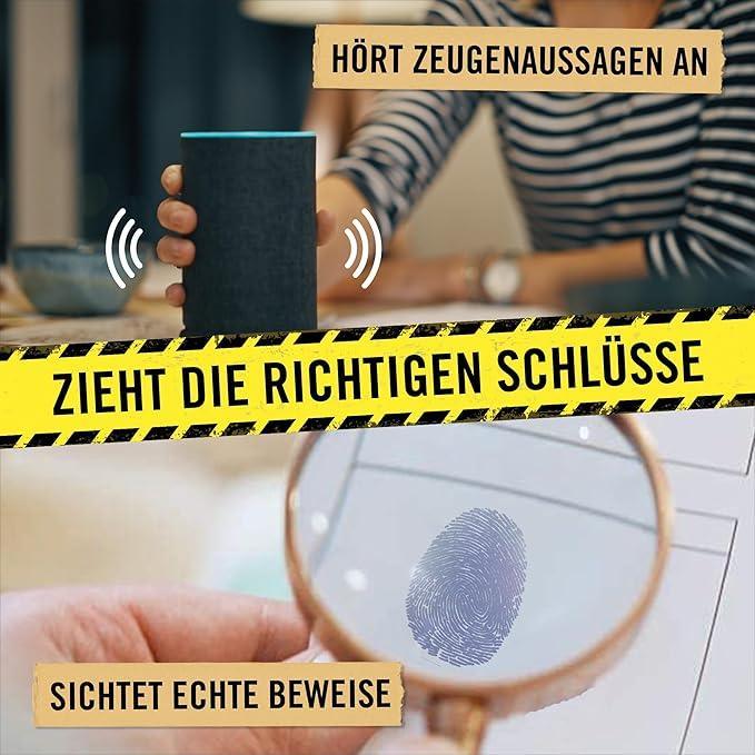 Hand haelt Smart Speaker und Lupe ueber Fingerabdruck mit Textueberlagerungen zu Ermittlungsarbeit