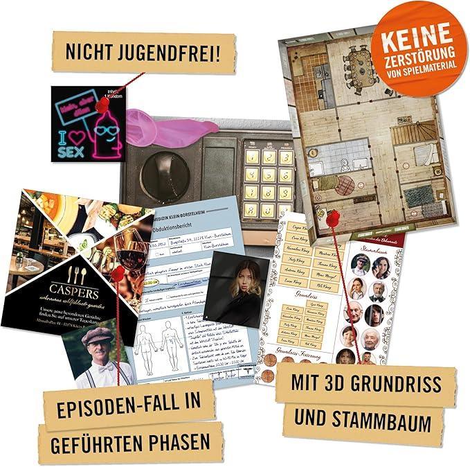 Spielmaterial eines Krimispiels mit Obduktionsbericht, Grundriss, Stammbaum und Hinweiskarten