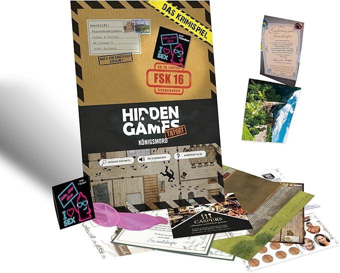 Spielmaterial des Krimispiels Hidden Games Tatort Königsmord mit Umschlag und verschiedenen Dokumenten