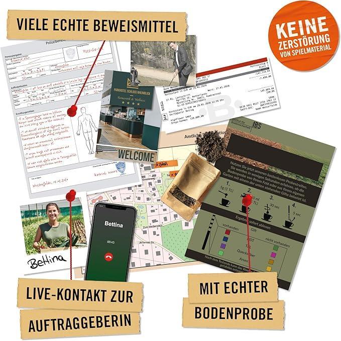 Krimispiel mit Beweismitteln wie Polizeibericht, Landkarte, Bodenprobe und Smartphone