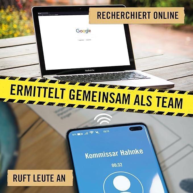 Laptop mit Google Suchseite und Smartphone mit eingehendem Anruf von Kommissar Hahnke auf einem Holztisch