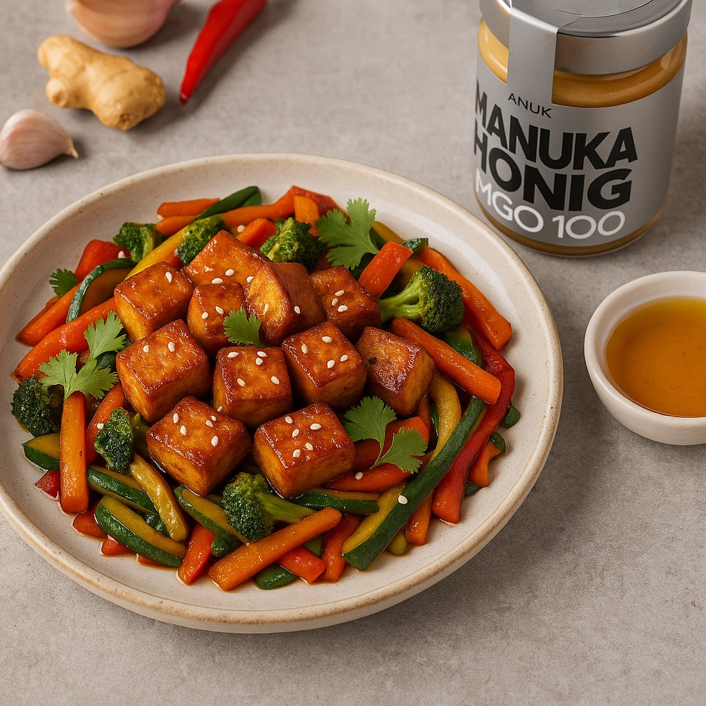 Tofuwürfel mit Sesam auf Gemüse, daneben ein Glas Manuka Honig und eine Schale Honigsauce