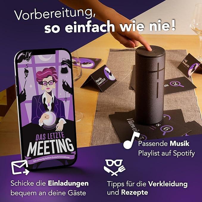 Smartphone mit Krimidinner App und Bluetooth Lautsprecher auf einem Tisch mit Spielkarten