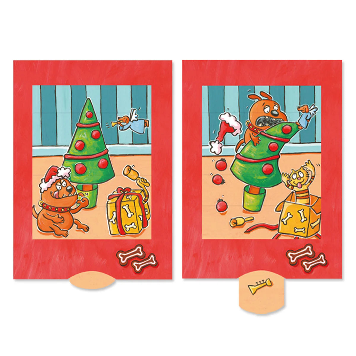 Zwei Illustrationen mit Hund und Katze vor einem Weihnachtsbaum