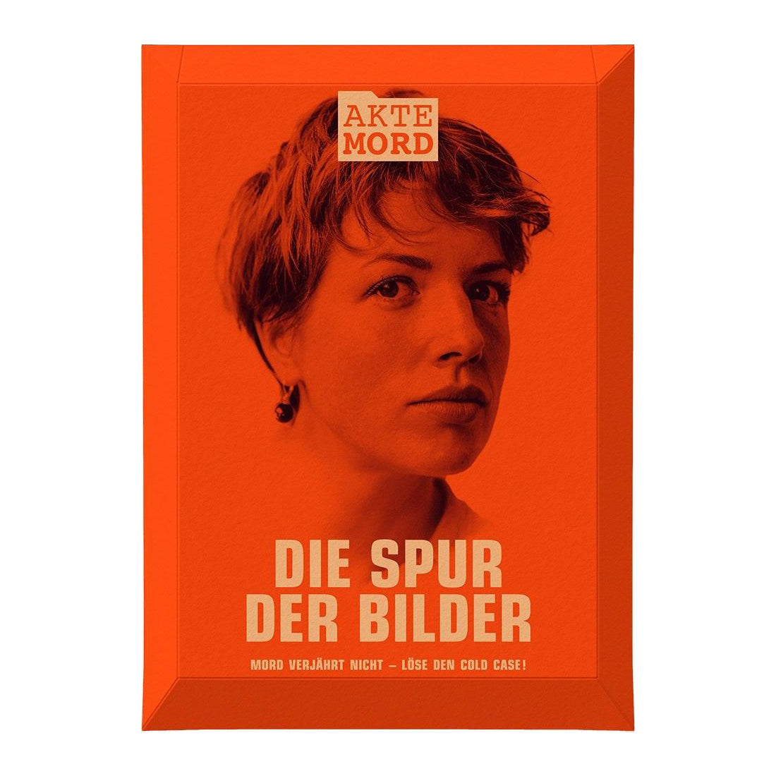 Spielschachtel Akte Mord Die Spur der Bilder mit Porträt einer Frau auf orangefarbenem Hintergrund