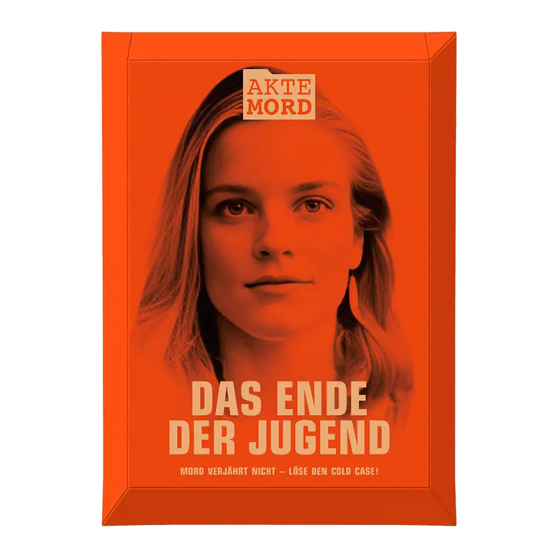 Spielschachtel Akte Mord Das Ende der Jugend mit Porträt einer Frau auf orangefarbenem Hintergrund