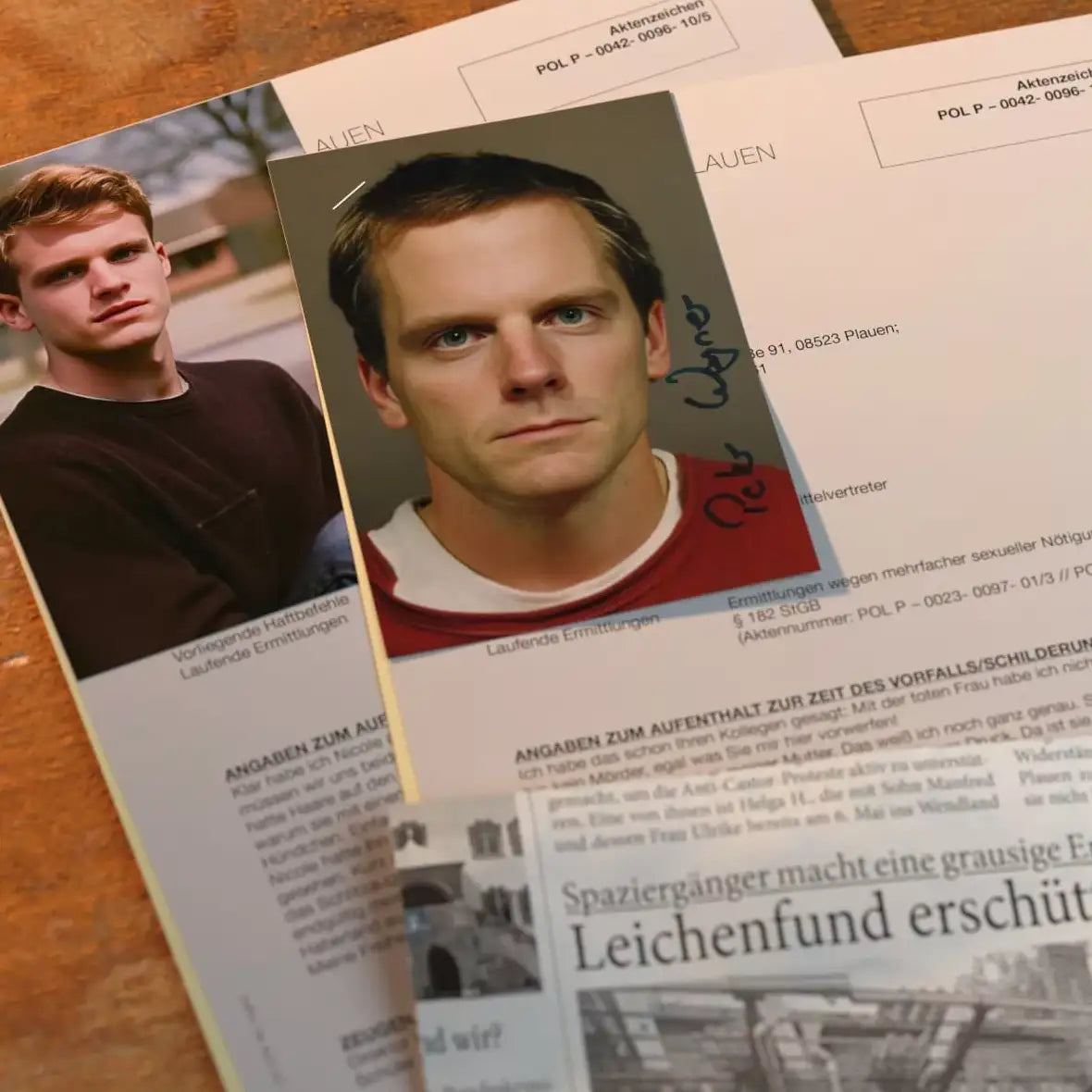 Polizeiakten mit Porträtfotos eines jungen Mannes und Textausschnitten zu laufenden Ermittlungen