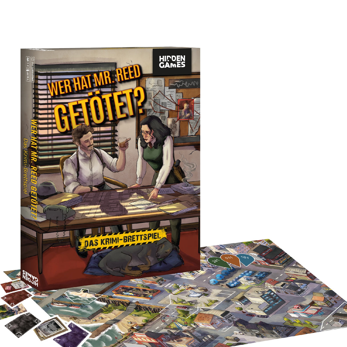 Spielschachtel und Spielplan des Krimi-Brettspiels Wer hat Mr Reed getötet von Hidden Games