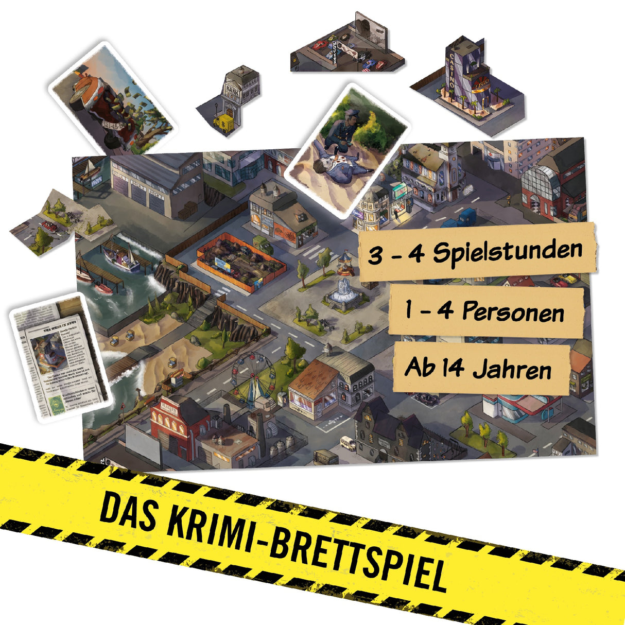 Spielplan eines Krimi Brettspiels mit Karten und Informationen zu Spieldauer Spieleranzahl und Alter