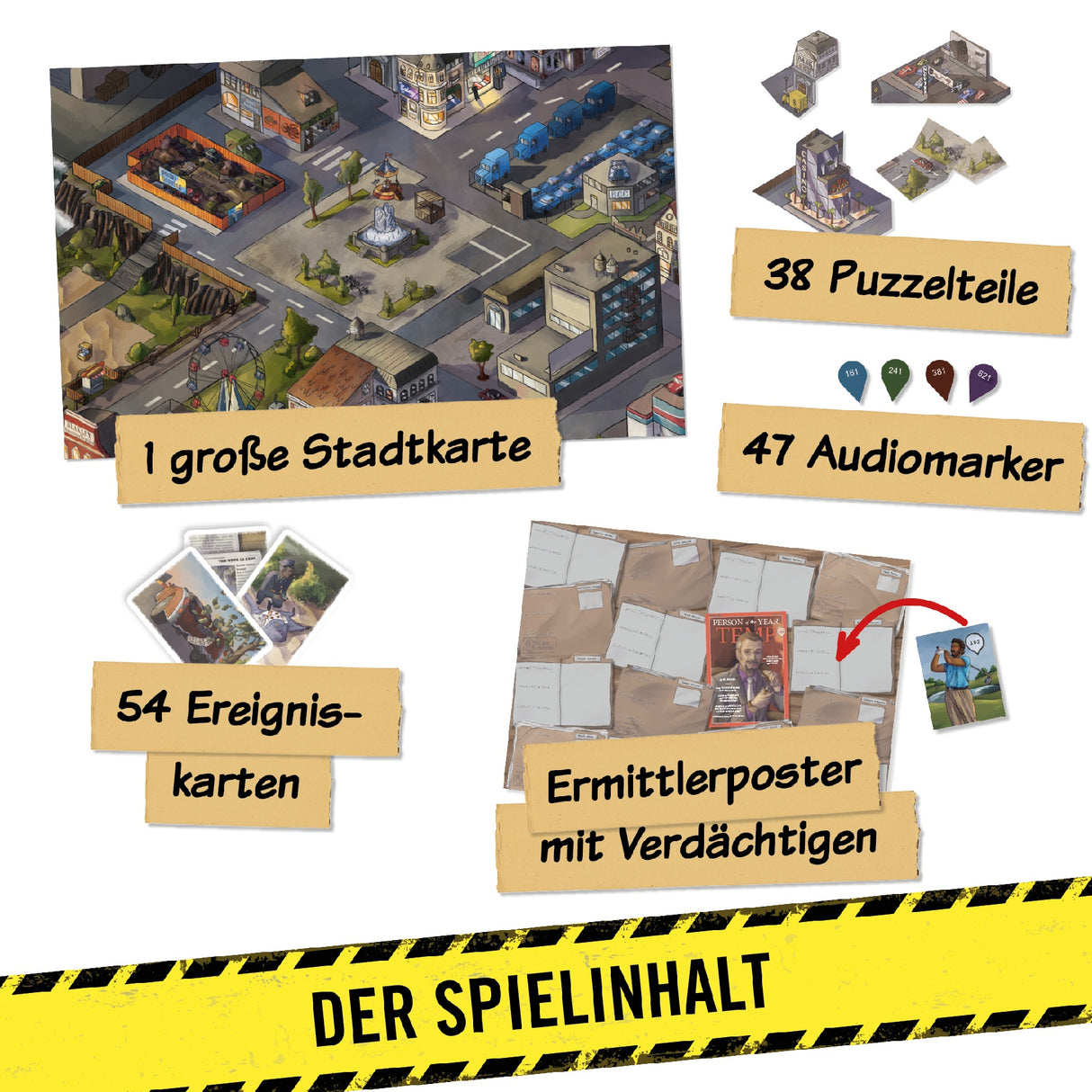 Spielinhalt mit Stadtkarte Puzzleteilen Audiomarkern Ereigniskarten und Ermittlerposter
