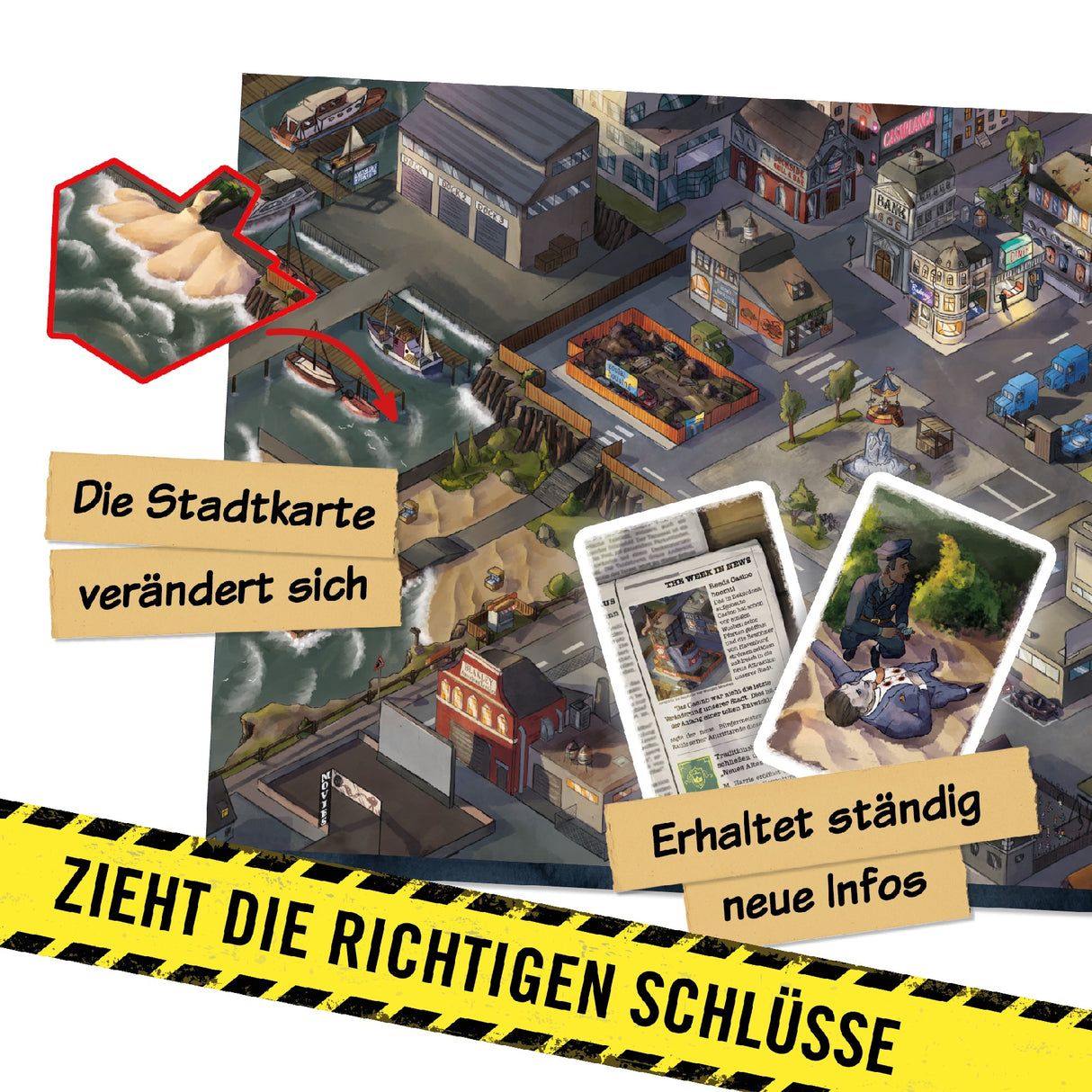 Spielbrett mit Stadtkarte Zeitungsartikel und Ermittlungshinweisen