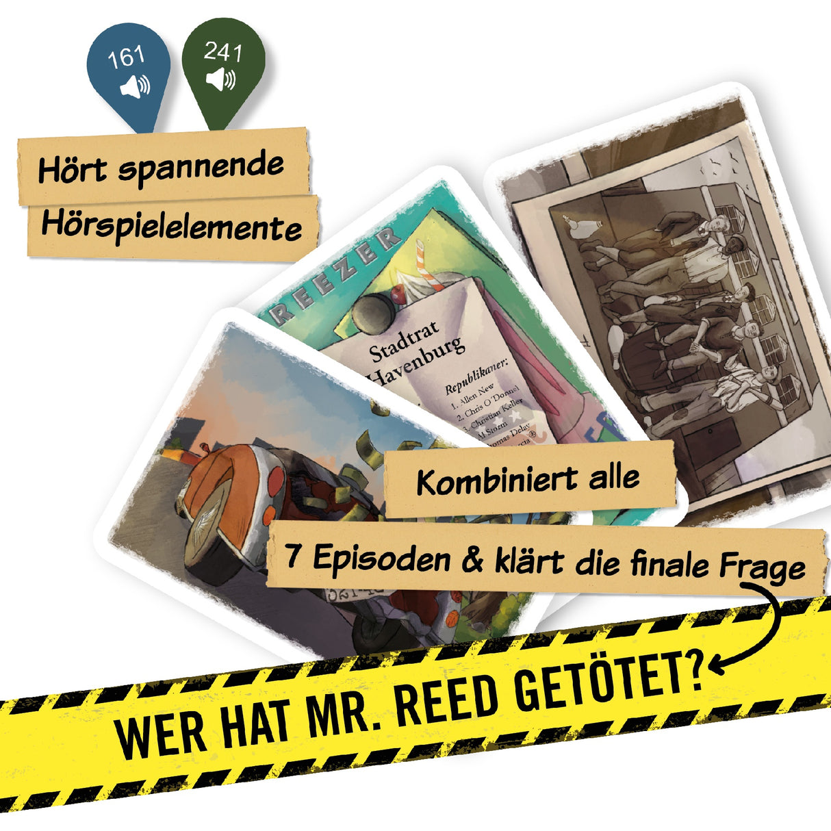 Spielkarten mit Hinweisen und Text zur Aufklärung eines Kriminalfalls