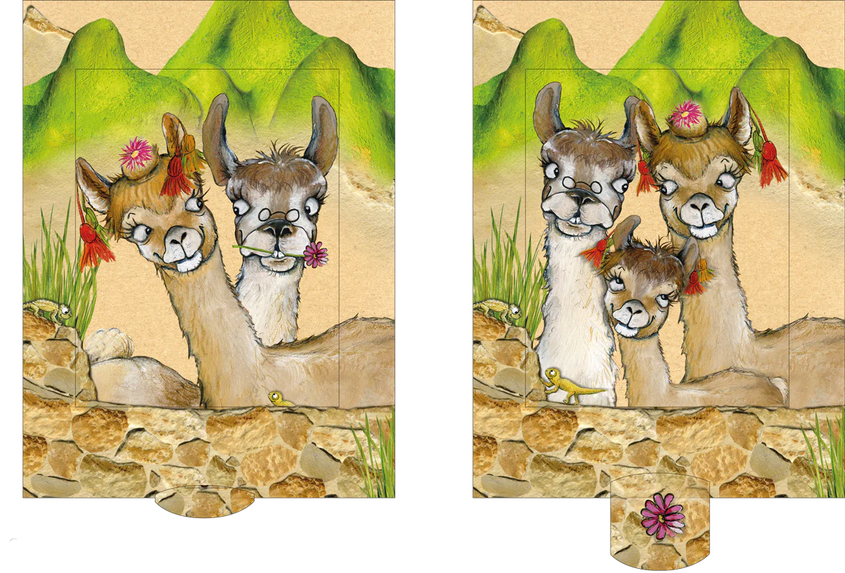 Zwei Illustrationen von Lamas vor einer Bergkulisse mit kleinen Eidechsen und Blumen