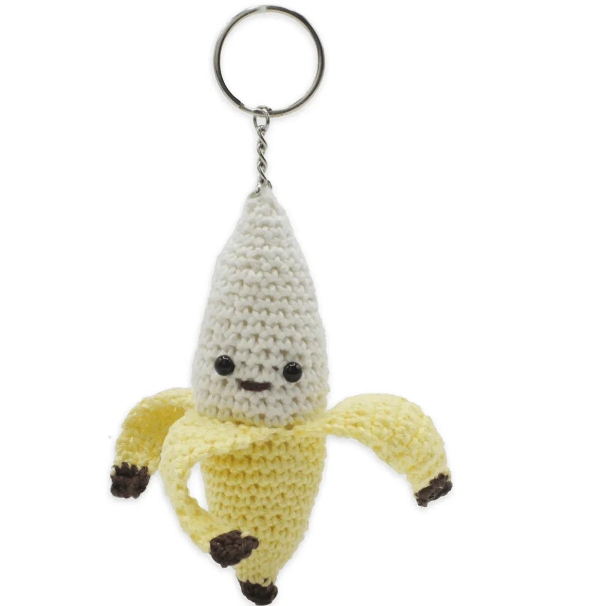 Gehäkelter Schlüsselanhänger in Form einer geschälten Banane mit Gesicht
