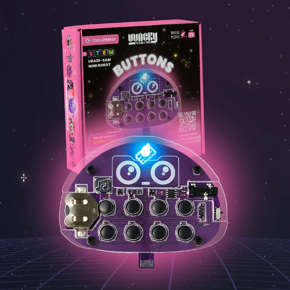 Lila Roboterbausatz Buttons von CircuitMess vor der Produktverpackung