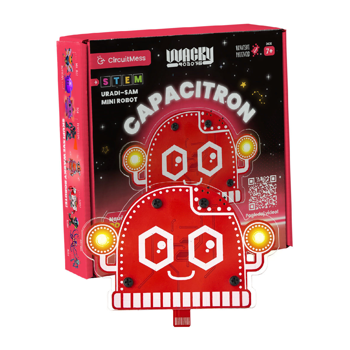 Verpackung und zusammengebauter roter Capacitron Roboter von CircuitMess