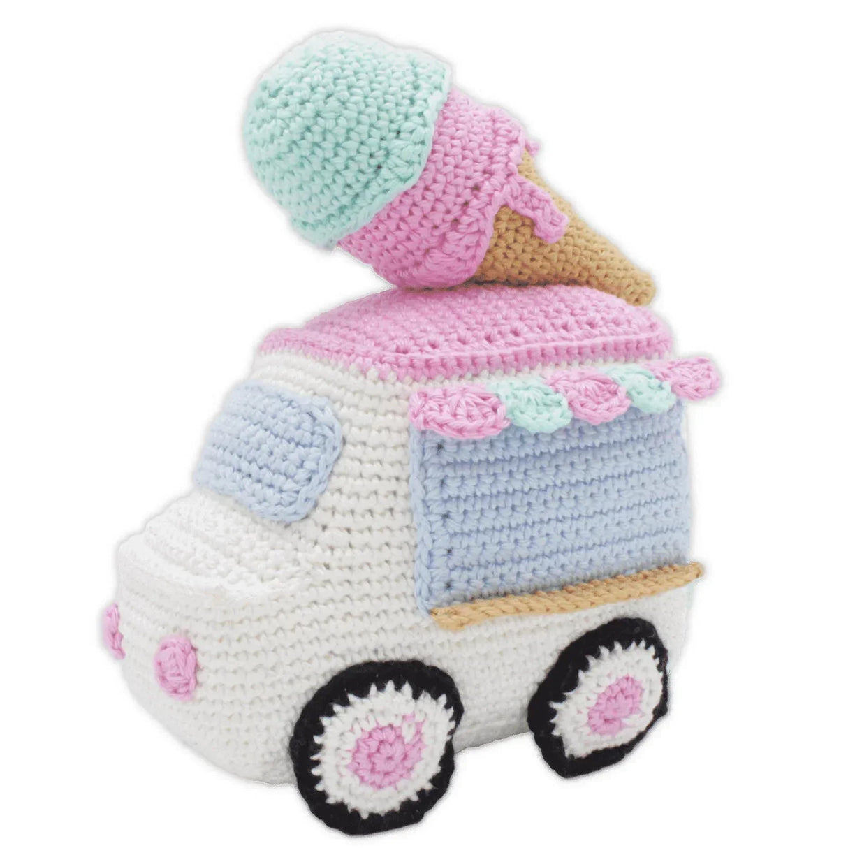 Gehäkelter Eiswagen mit Eistüte auf dem Dach in Pastellfarben