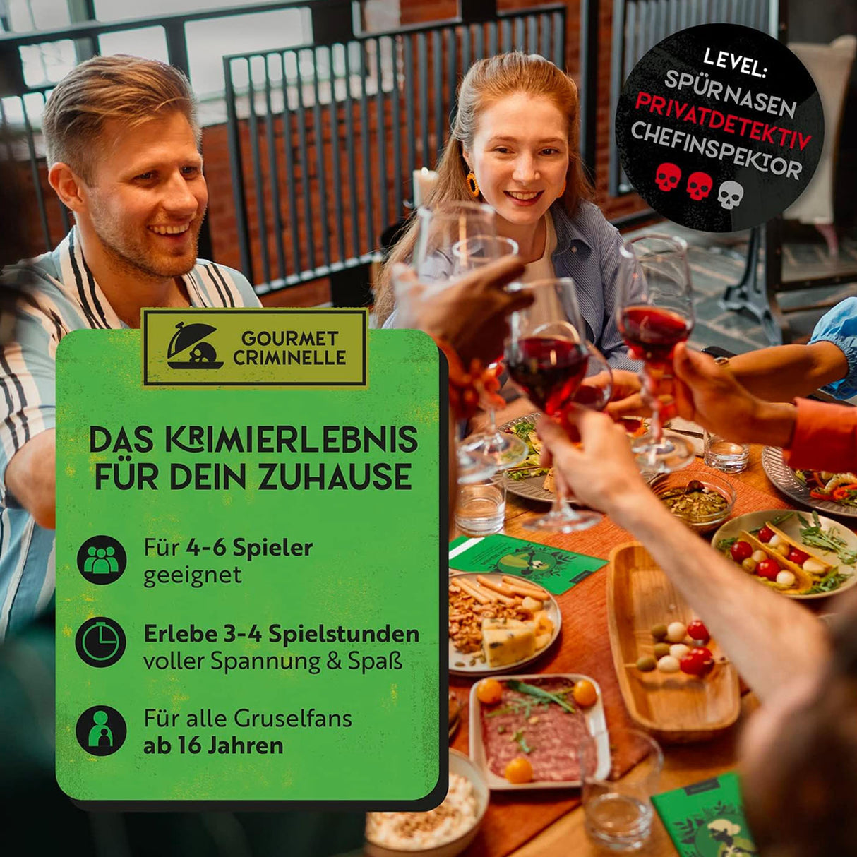 Gruppe beim Abendessen mit Weingläsern und Gourmet Criminelle Infografik