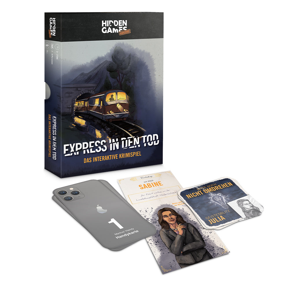 Spielschachtel und Spielkarten des Krimispiels Express in den Tod