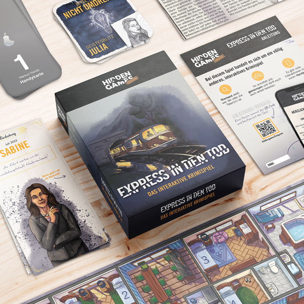 Spielschachtel und Spielmaterial des interaktiven Krimispiels Express in den Tod