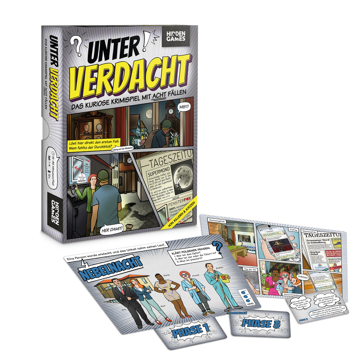 Spielschachtel und Spielmaterial des Krimispiels Unter Verdacht mit Charakterkarten und Hinweisen