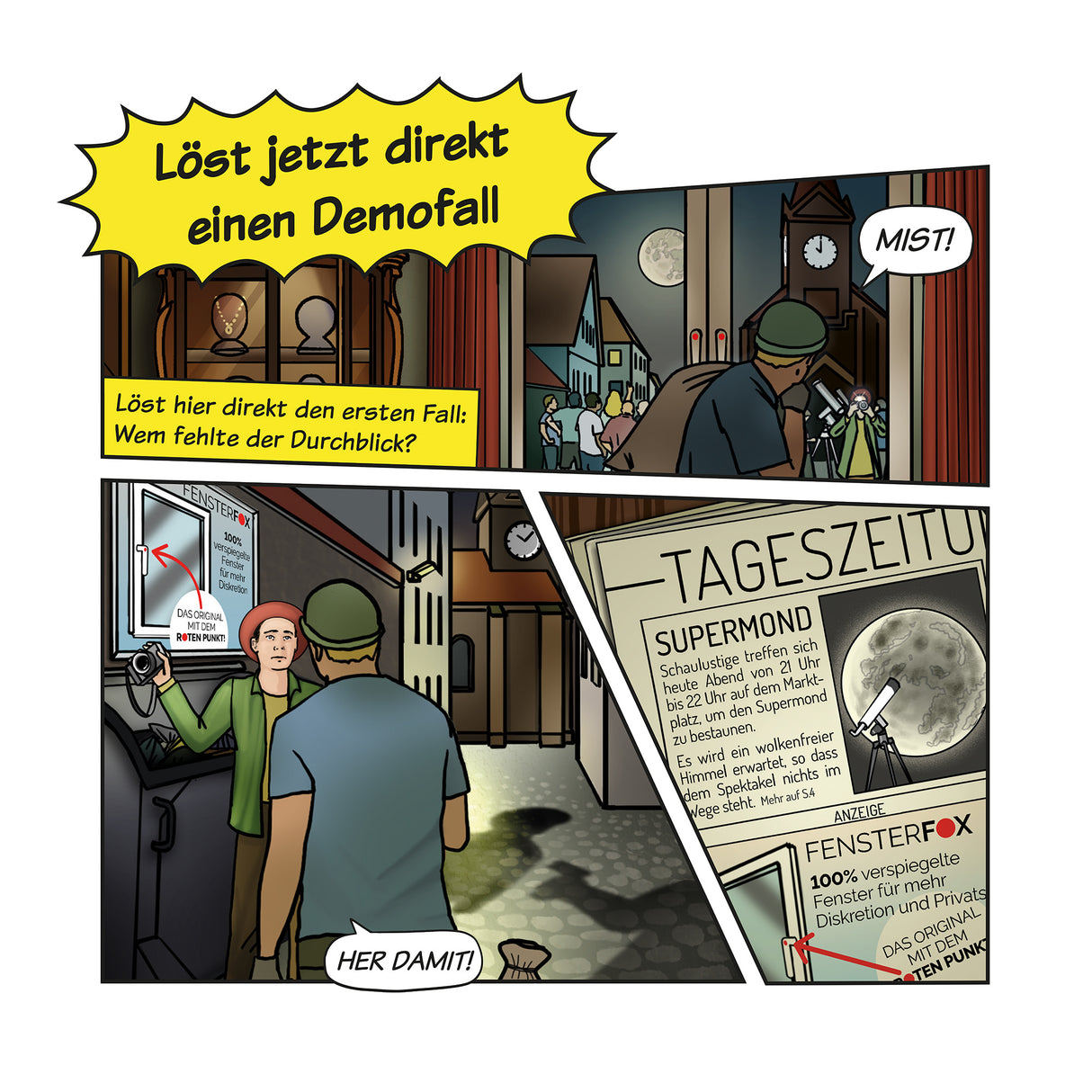 Comicstrip mit einer Werbegeschichte über verspiegelte Fenster von Fensterfox