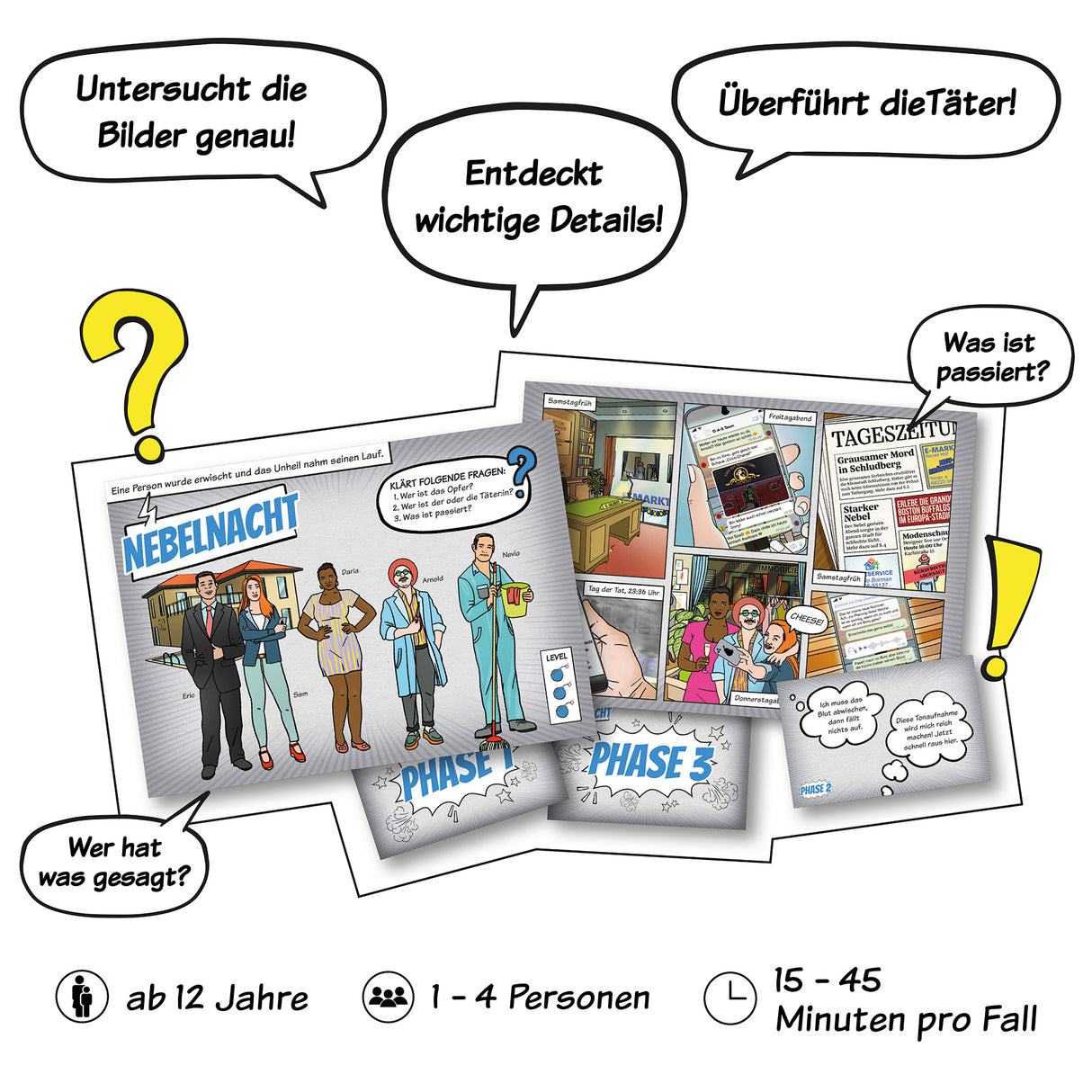 Spielmaterial des Krimispiels Nebelnacht mit Charakteren, Beweisfotos, Zeitungsartikeln und Spielanweisungen