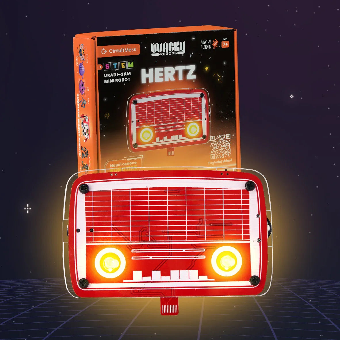 CircuitMess Wacky Robots Hertz Bausatz mit Verpackung und zusammengebautem Mini Roboter