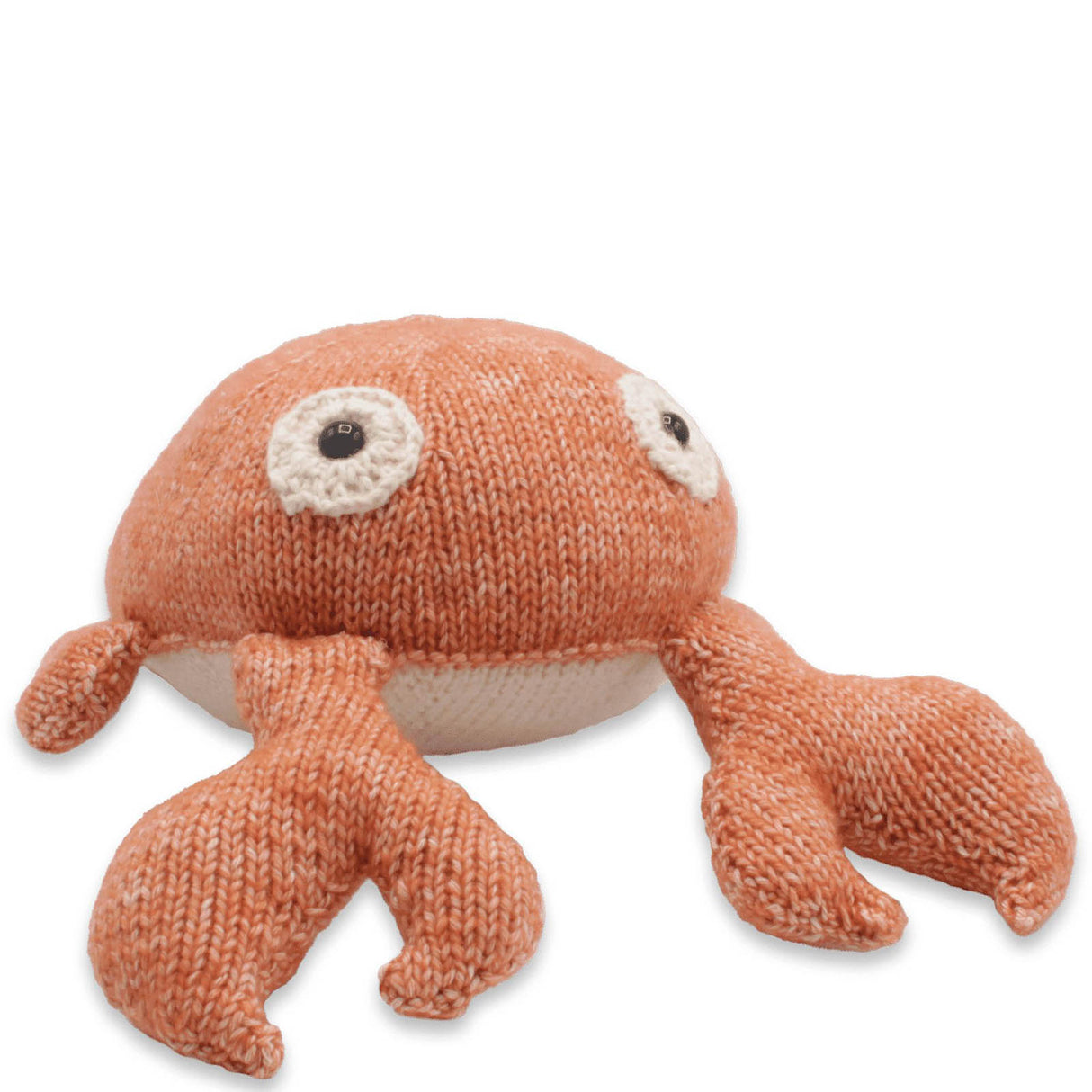 Gestricktes Stofftier in Form einer orangefarbenen Krabbe