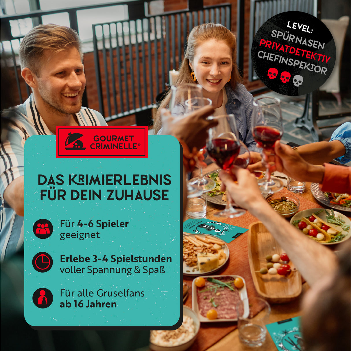 Gruppe beim Abendessen mit Weingläsern und Krimispiel Gourmet Criminelle