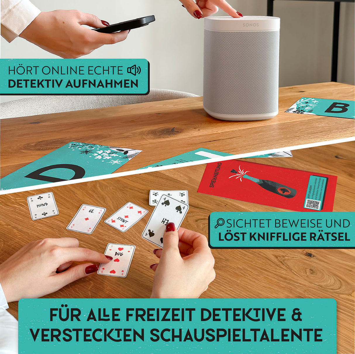 Personen spielen ein Detektivspiel mit Karten und einem Lautsprecher auf einem Holztisch