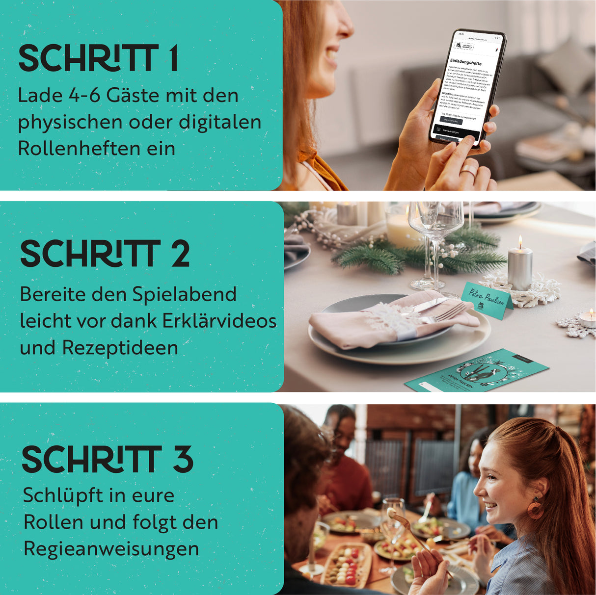 Drei Schritte Anleitung zum Spielablauf mit Smartphone, gedecktem Tisch und spielenden Personen