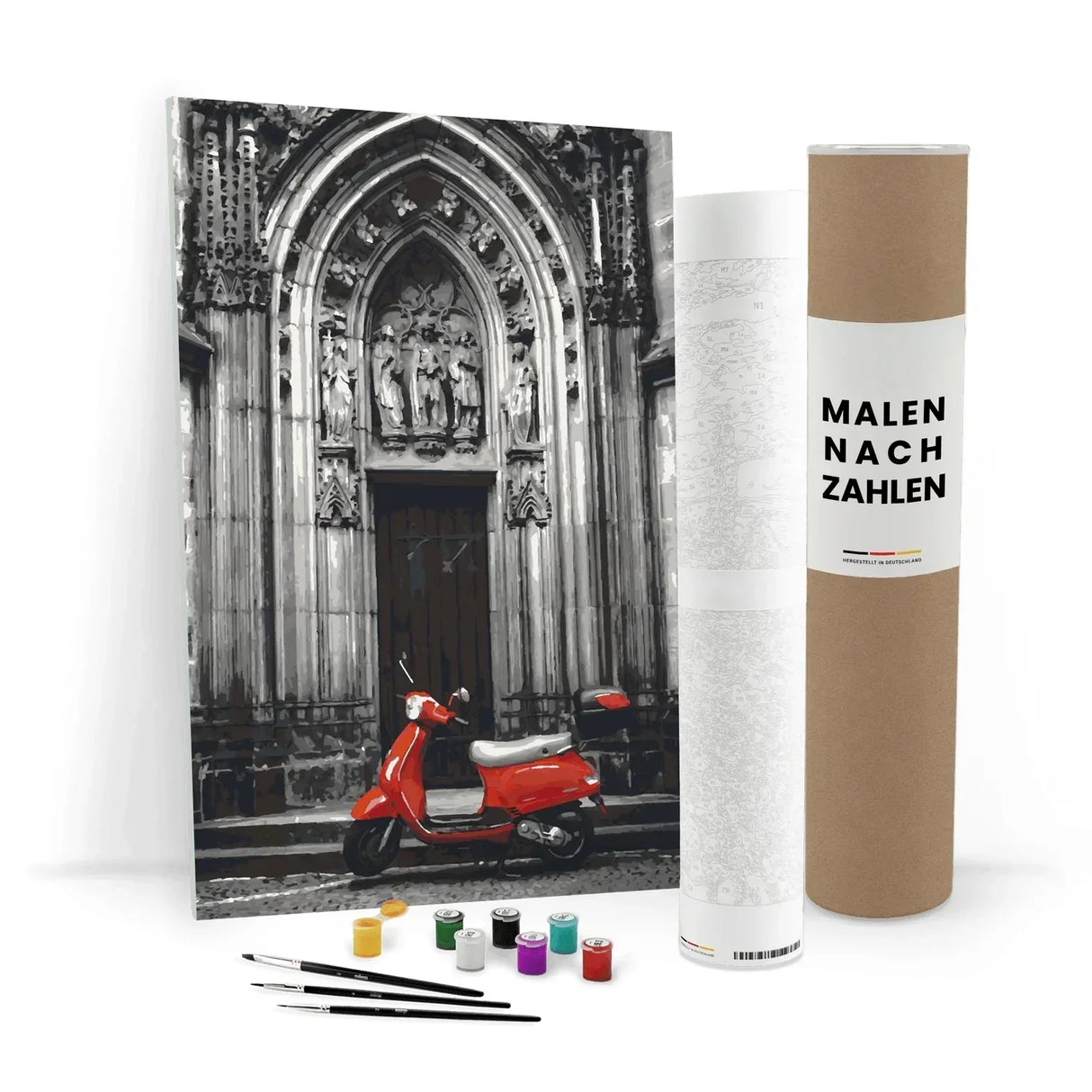 Malen nach Zahlen Set mit rotem Roller vor gotischem Torbogen, Pinsel und Farben