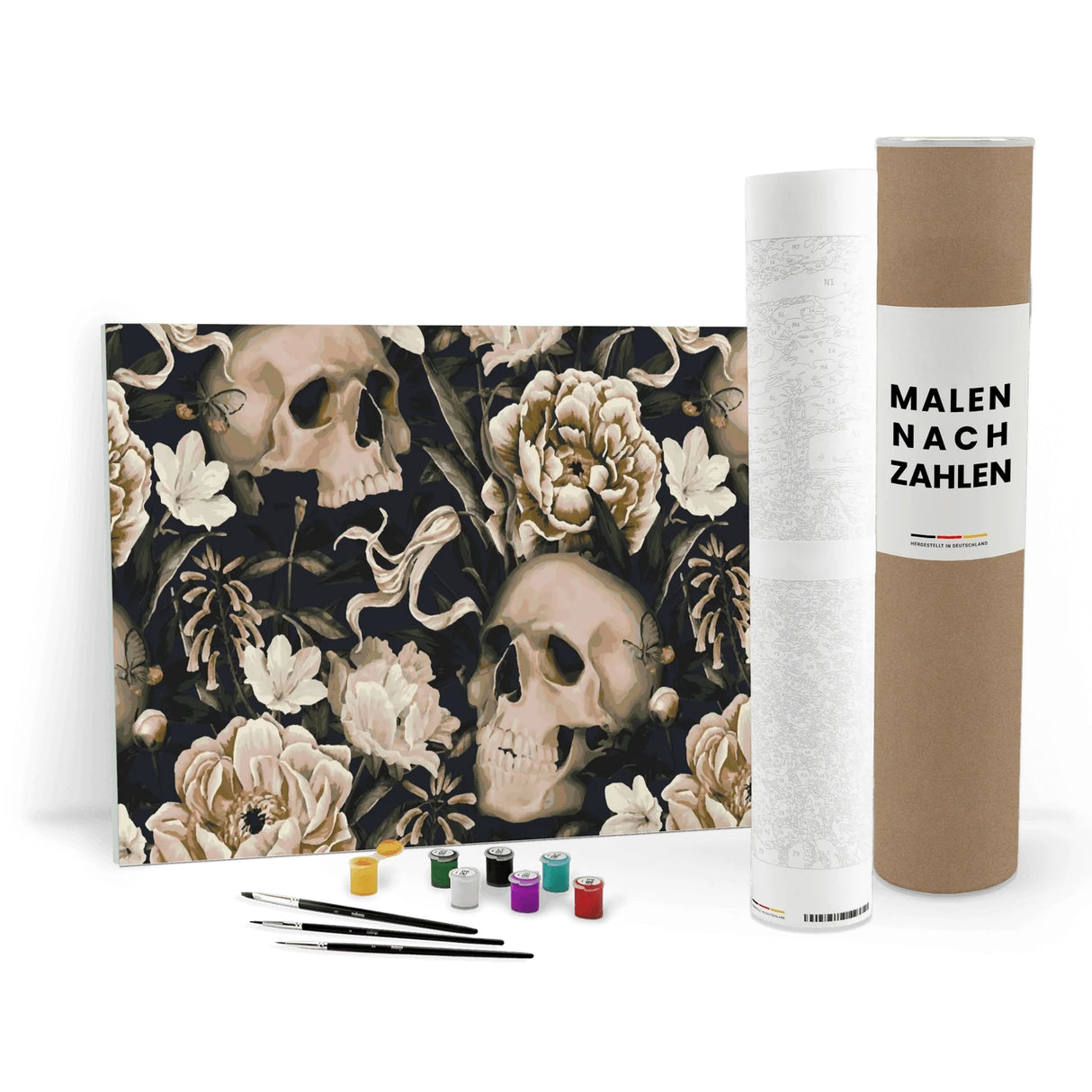 Malen nach Zahlen Set mit Totenköpfen und Blumen, Pinsel, Farben und zwei Rollen