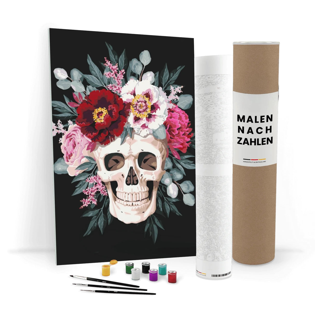 Malen nach Zahlen Set mit Totenkopf und Blumenmotiv, Pinsel, Farben und zwei Rollen