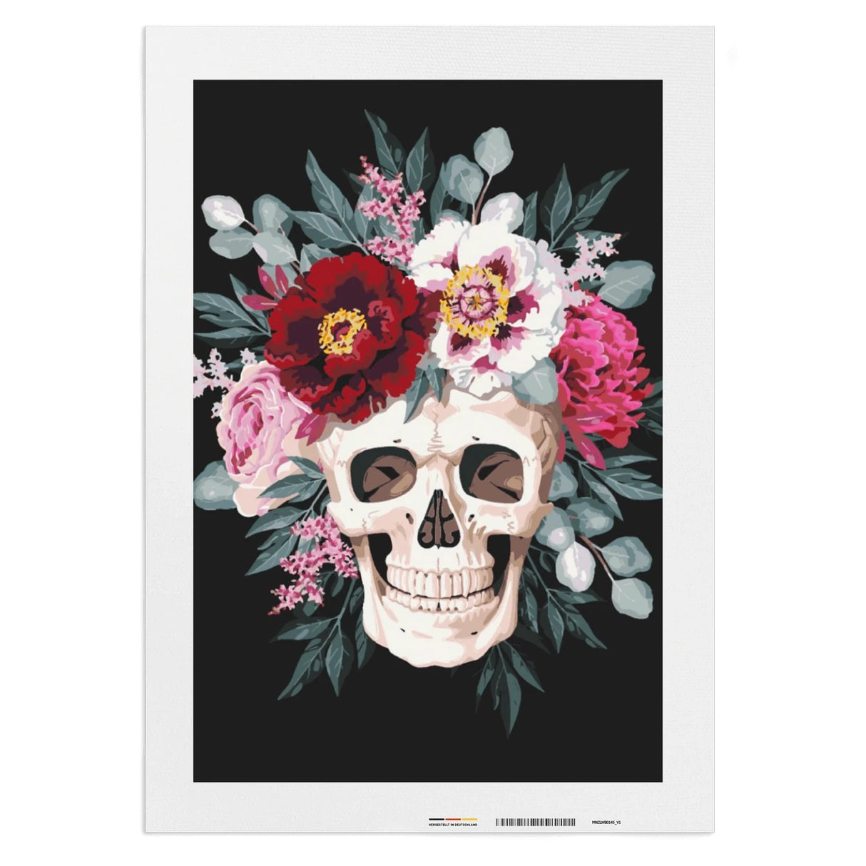 Totenkopf mit Blumenkranz aus roten, rosa und weißen Blüten und grünen Blättern auf schwarzem Hintergrund