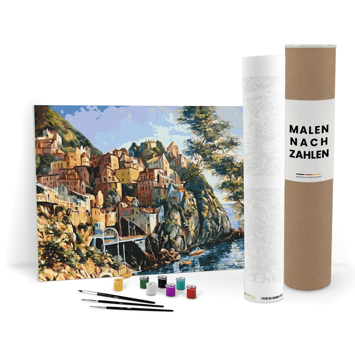 Malen nach Zahlen Set mit mediterraner Küstenstadt, Pinseln und Farbtöpfen