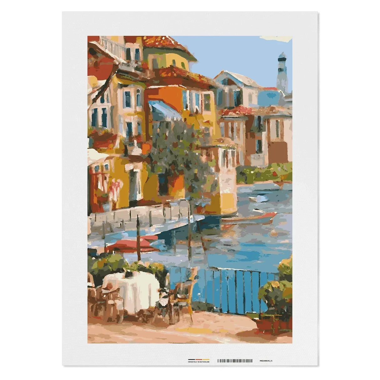 Malerei einer italienischen Küstenstadt mit bunten Gebäuden, einem Kanal und einem Café im Vordergrund