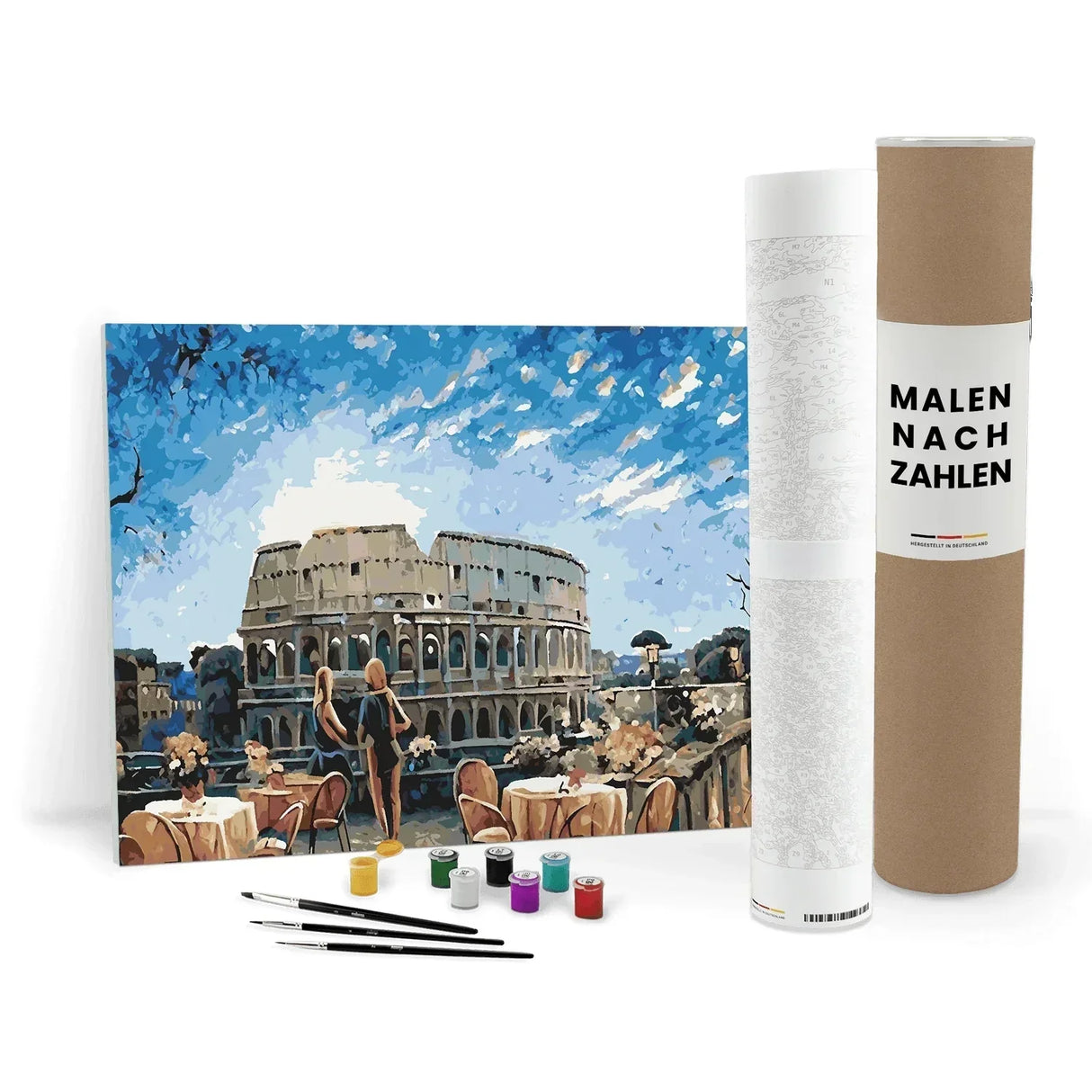 Malen nach Zahlen Set mit Kolosseum-Motiv, zwei Personen, Café-Tischen, Farben und Pinseln