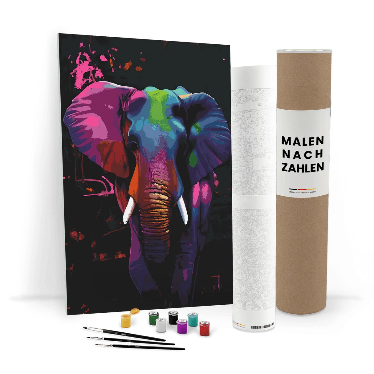 Malen nach Zahlen Set mit buntem Elefantenbild, Pinseln und Farbtöpfen