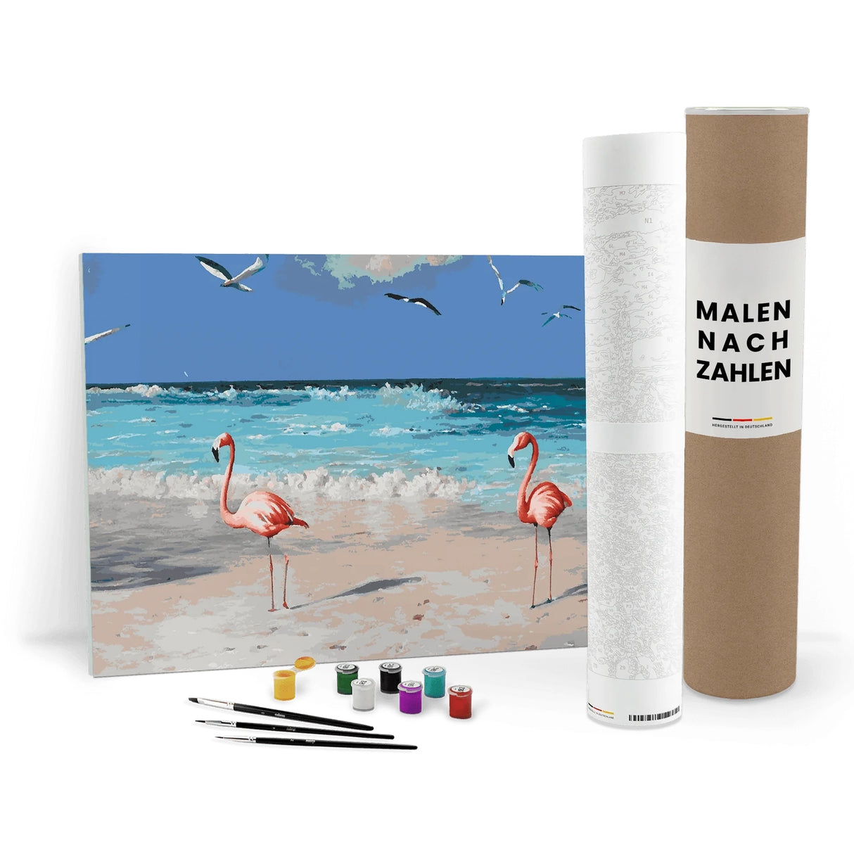 Malen nach Zahlen Set mit Flamingos am Strand, Möwen, Meer und Himmel, Pinsel und Farbtöpfe