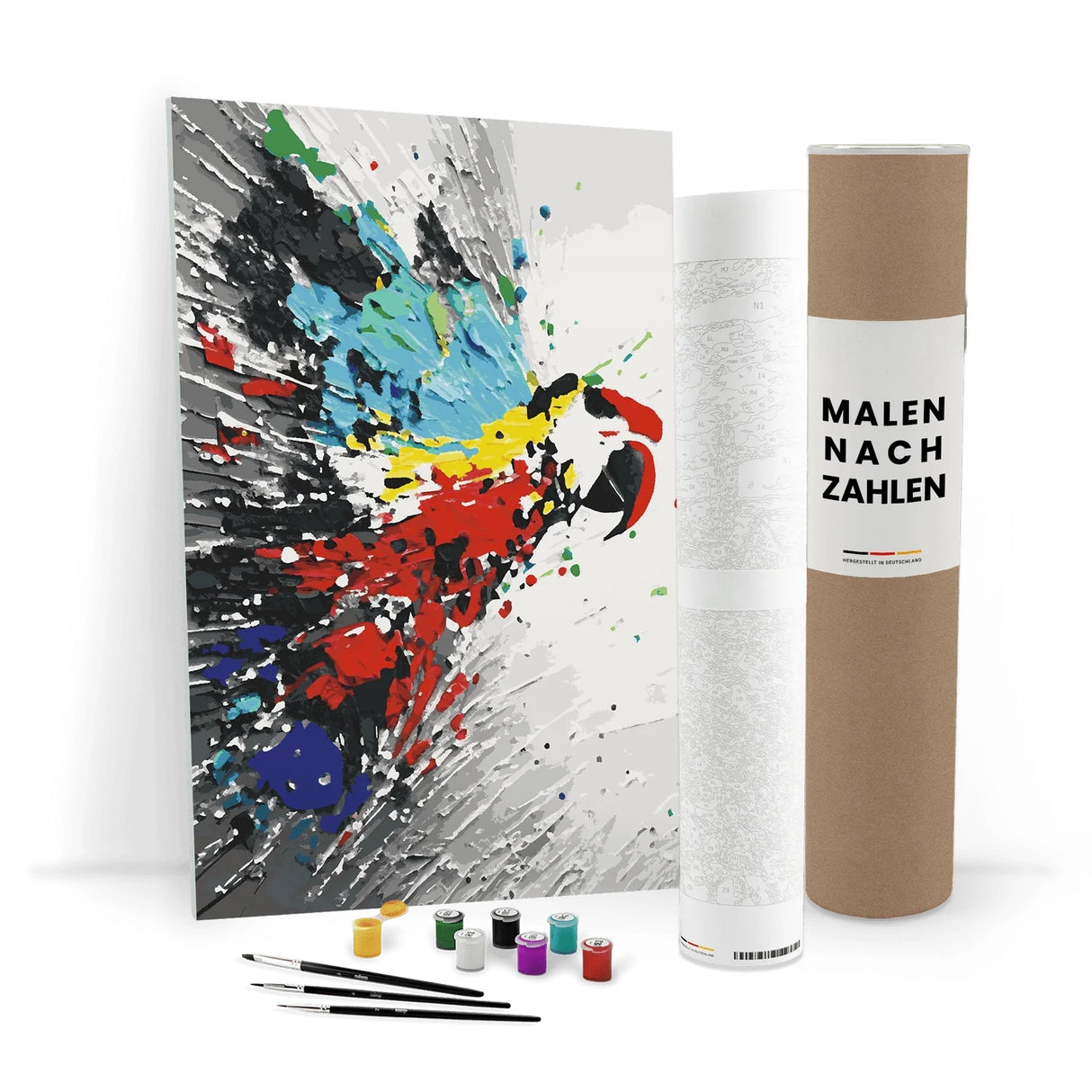 Malen nach Zahlen Set mit abstraktem Papageienbild, Farben und Pinseln