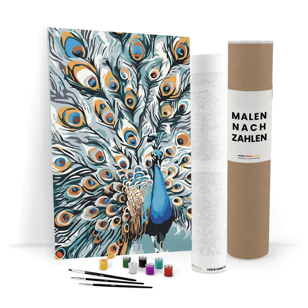 Malen nach Zahlen Set mit Pfau Motiv, Farben und Pinseln
