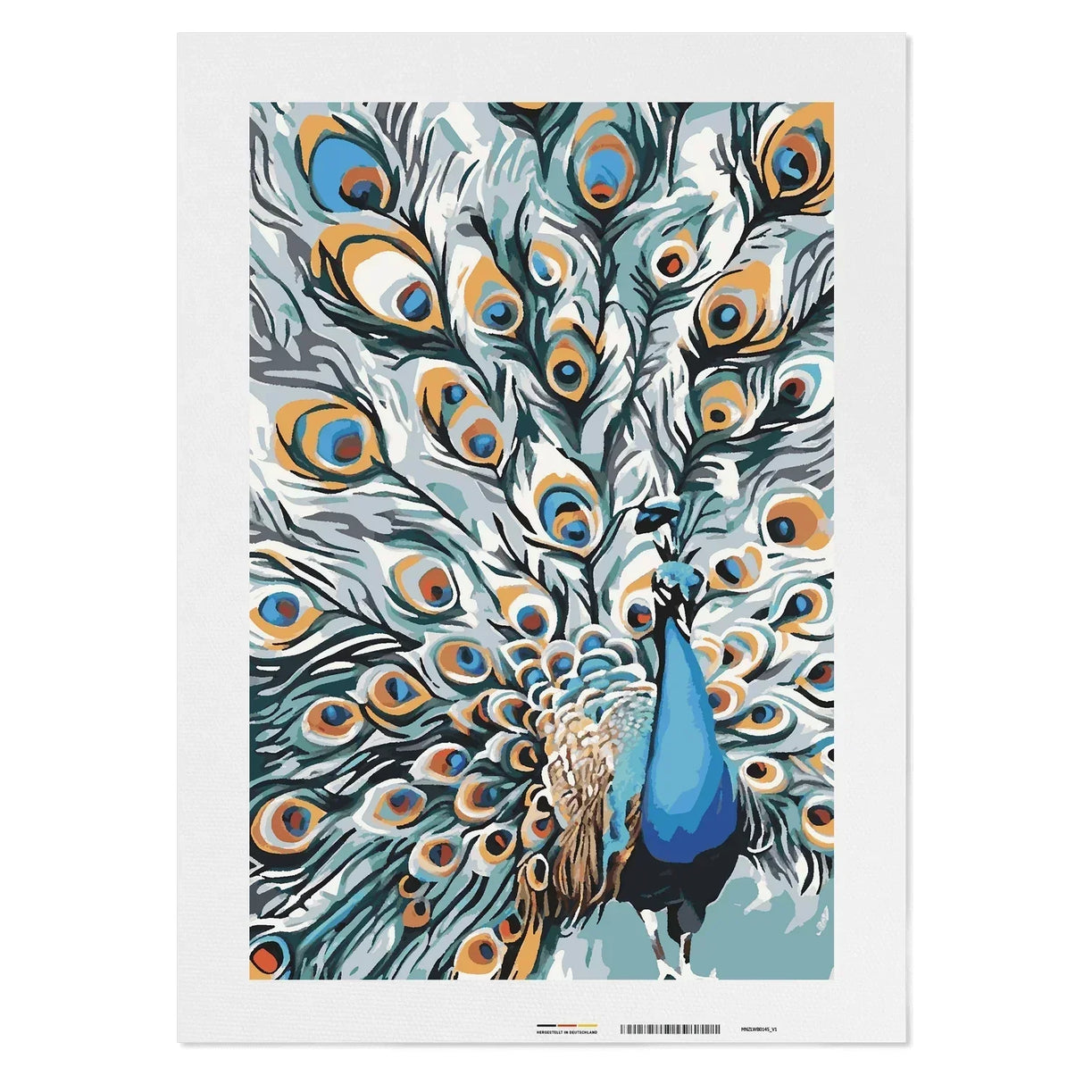 Pfau mit ausgebreiteten Federn in Blau, Orange und Türkis