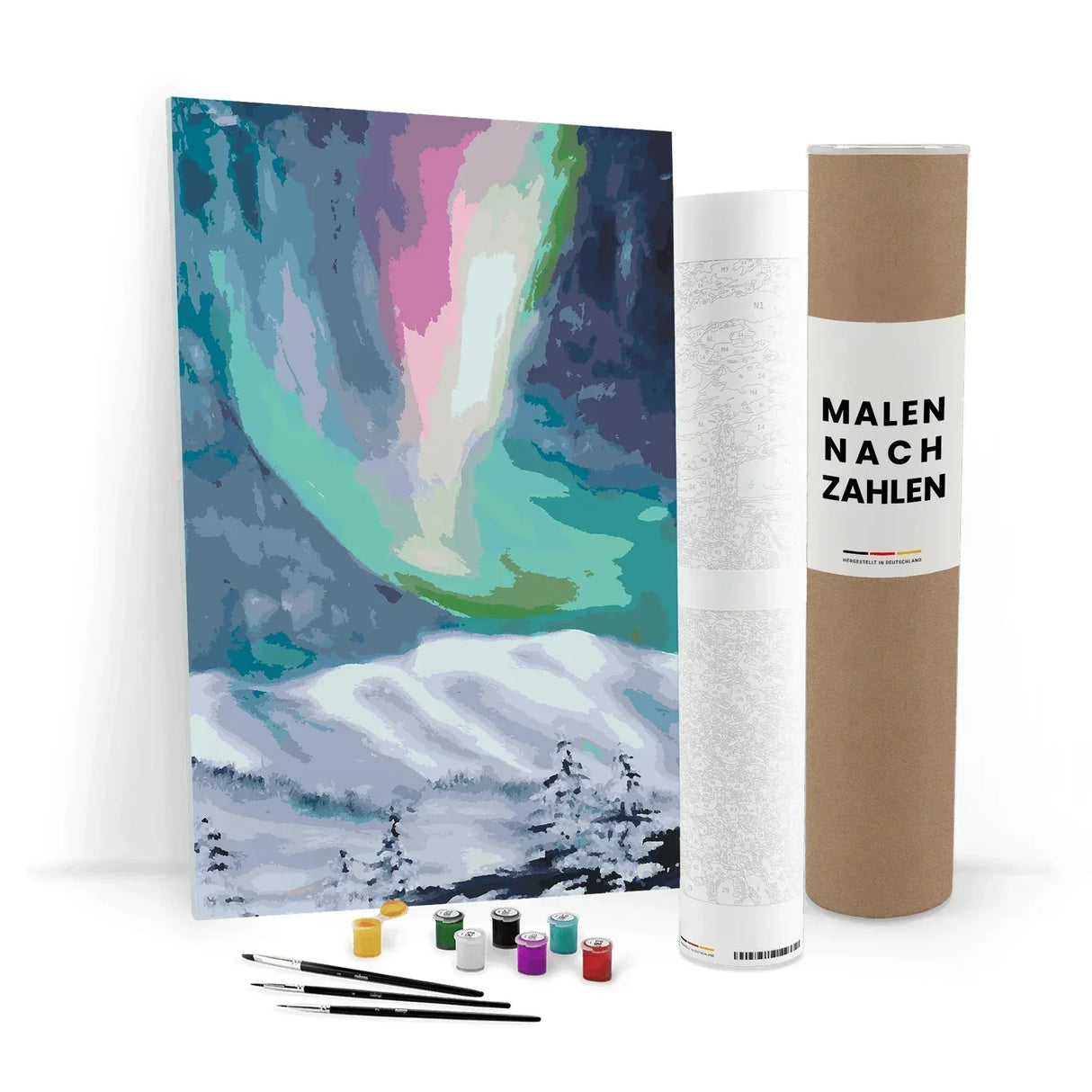 Malen nach Zahlen Set mit Nordlicht-Motiv, Pinsel, Farben und zwei Rollen