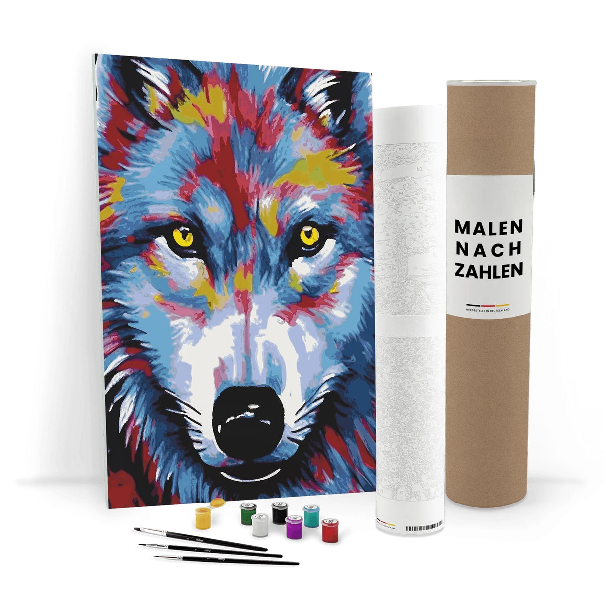 Malen nach Zahlen Set mit farbigem Wolfsmotiv, Pinseln und Farbtöpfen