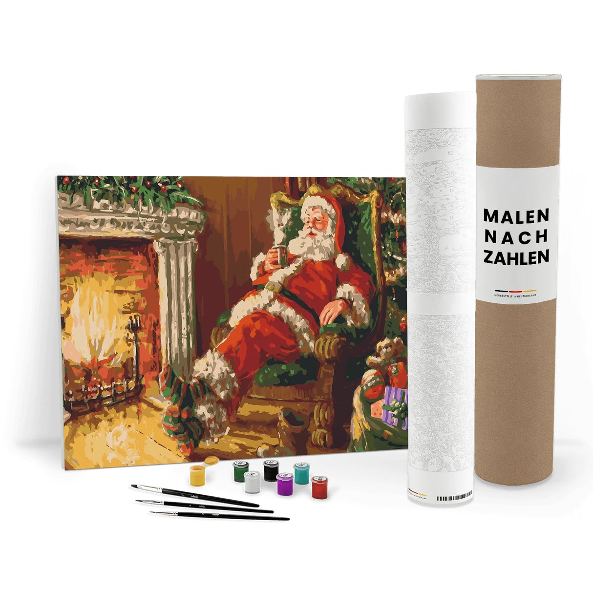 Malen nach Zahlen Set mit Weihnachtsmann am Kamin, Pinseln und Farbtöpfen