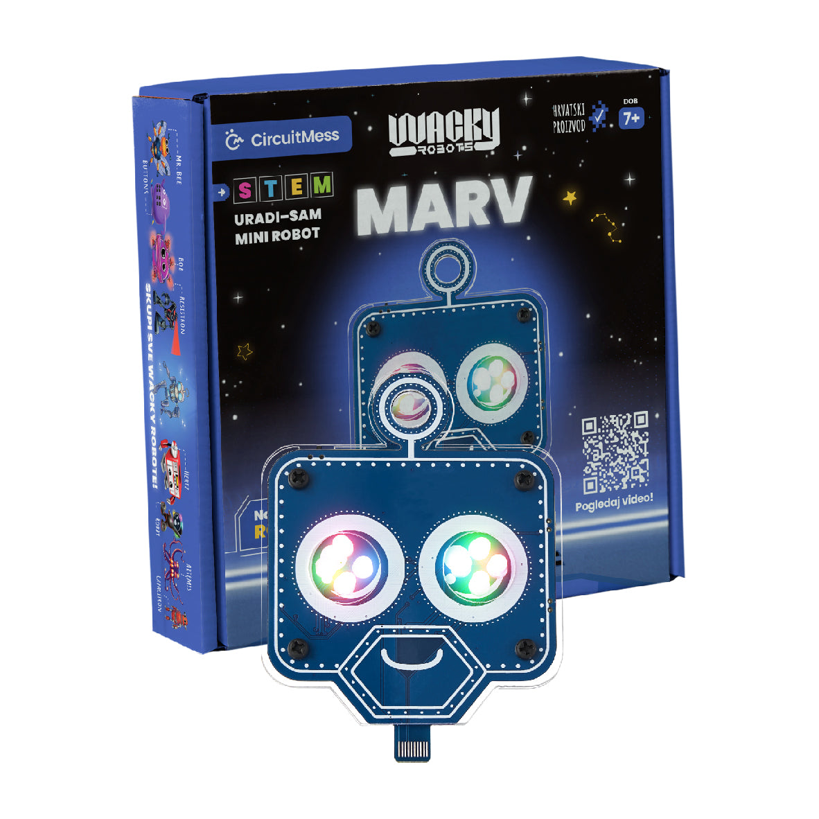 Verpackung und Bauteile des CircuitMess Marv Mini Roboters mit leuchtenden LED Augen