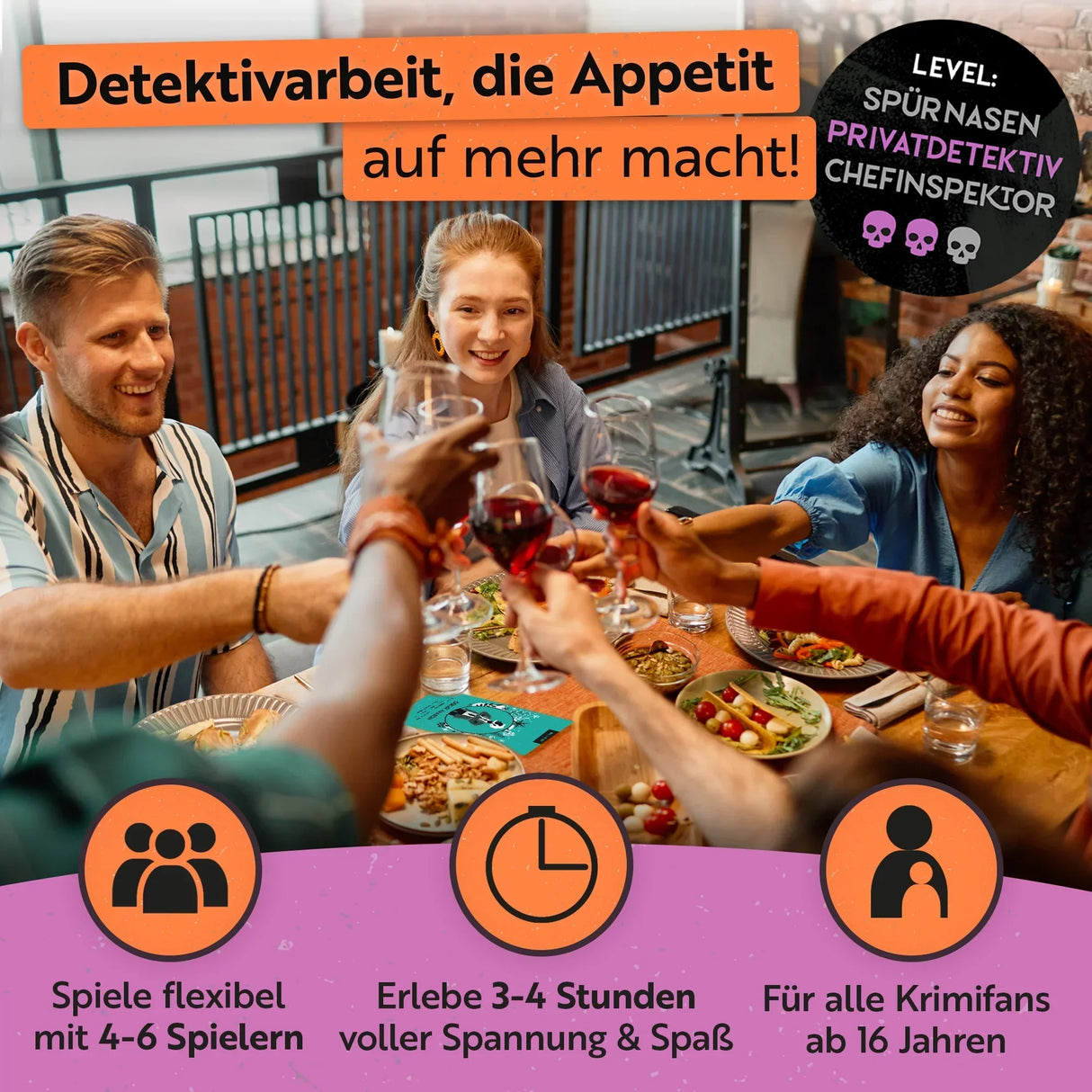 Gruppe von Freunden stößt mit Weingläsern an einem Tisch voller Essen an